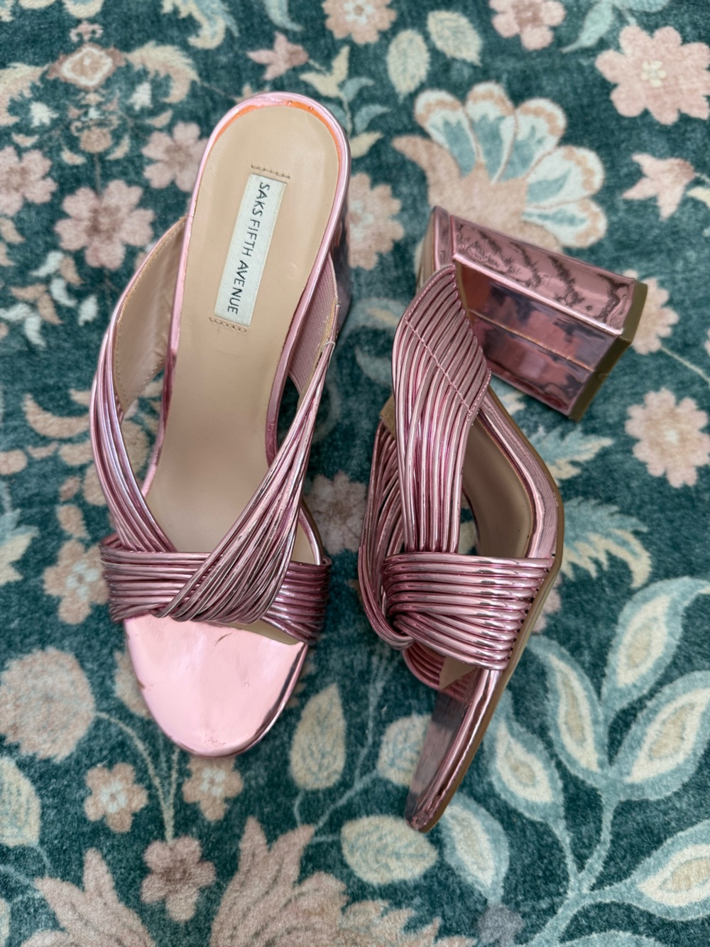 Rose Pink Metallic Woven Block Heel Sandals Saks Fifth Avenue 7.5